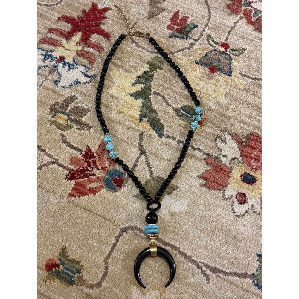 Vintage Chicos Necklace Black Gold Turquoise Color Moon Horn 20”